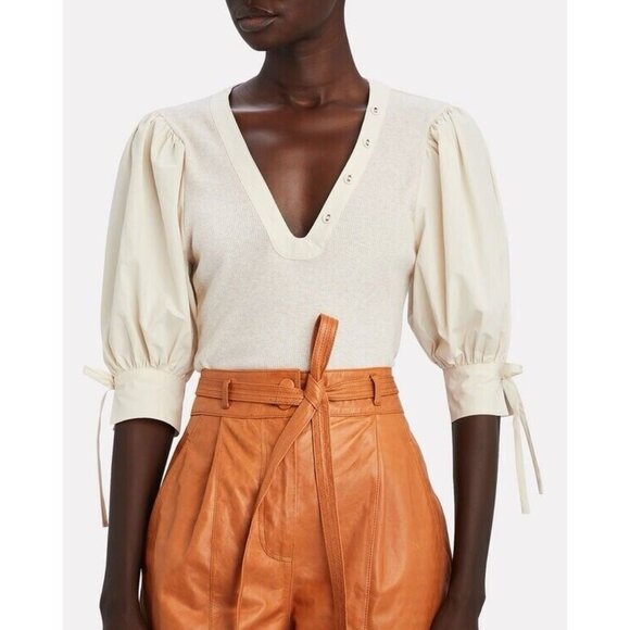 ULLA JOHNSON Pia Ribbed Cotton Poplin Short Puff Sleeve Top Oatmeal‎ Cream L - Picture 1 of 12